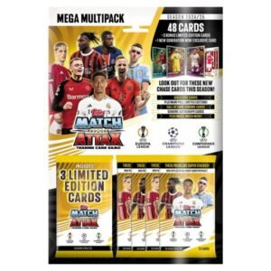 En förpackning Topps Match Attax 2024/25 Mega Multipack som visar var som ingår